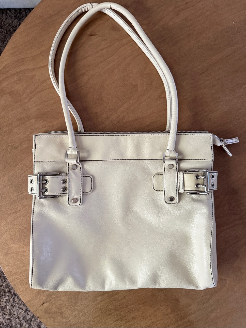 Michael Rome white Leather Tote Bag with Buckle Detail. Made in Italy